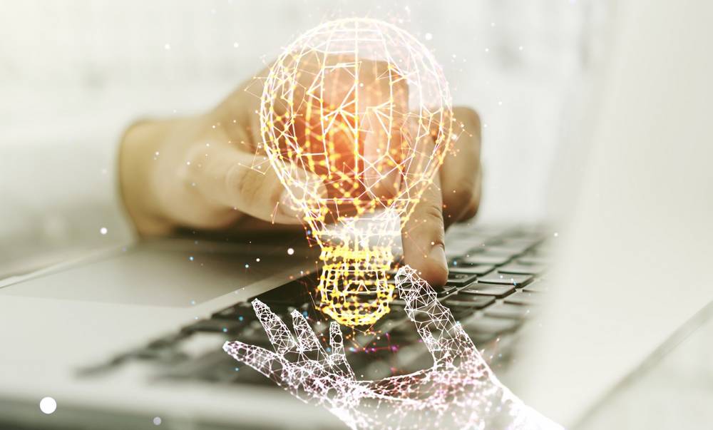 thumbnail creative idea concept with light bulb illustration hands typing laptop background multiexposure